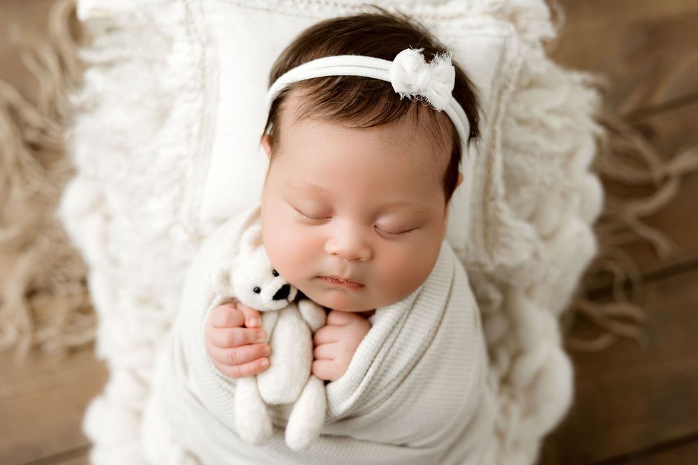 Newborn baby girl holding a bear stuffy, Newborn Sessions Schaumburg IL area