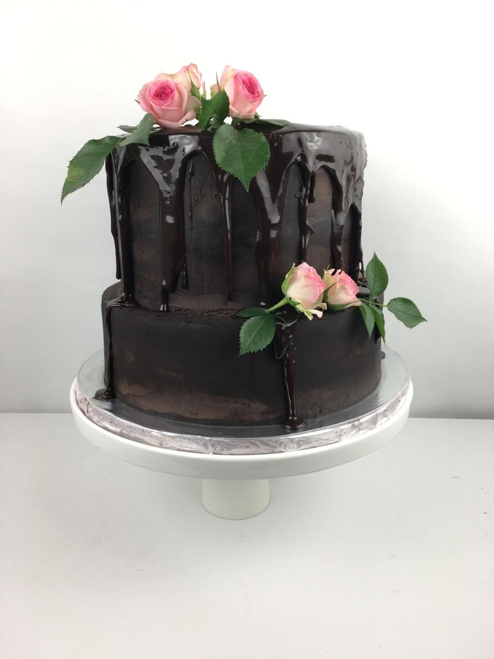Two-tier custom cake decorated with seasonal fruit or flowers, Flourish Bakery Howick