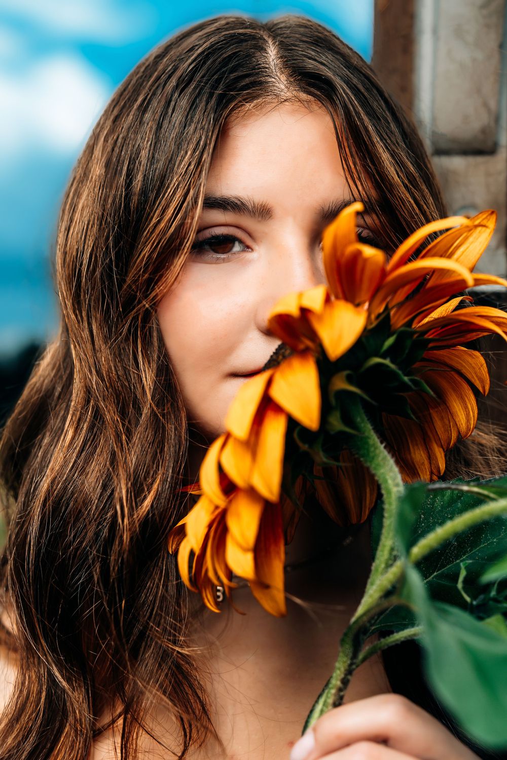 Artistic close-up with vibrant sunflower against blue sky background.