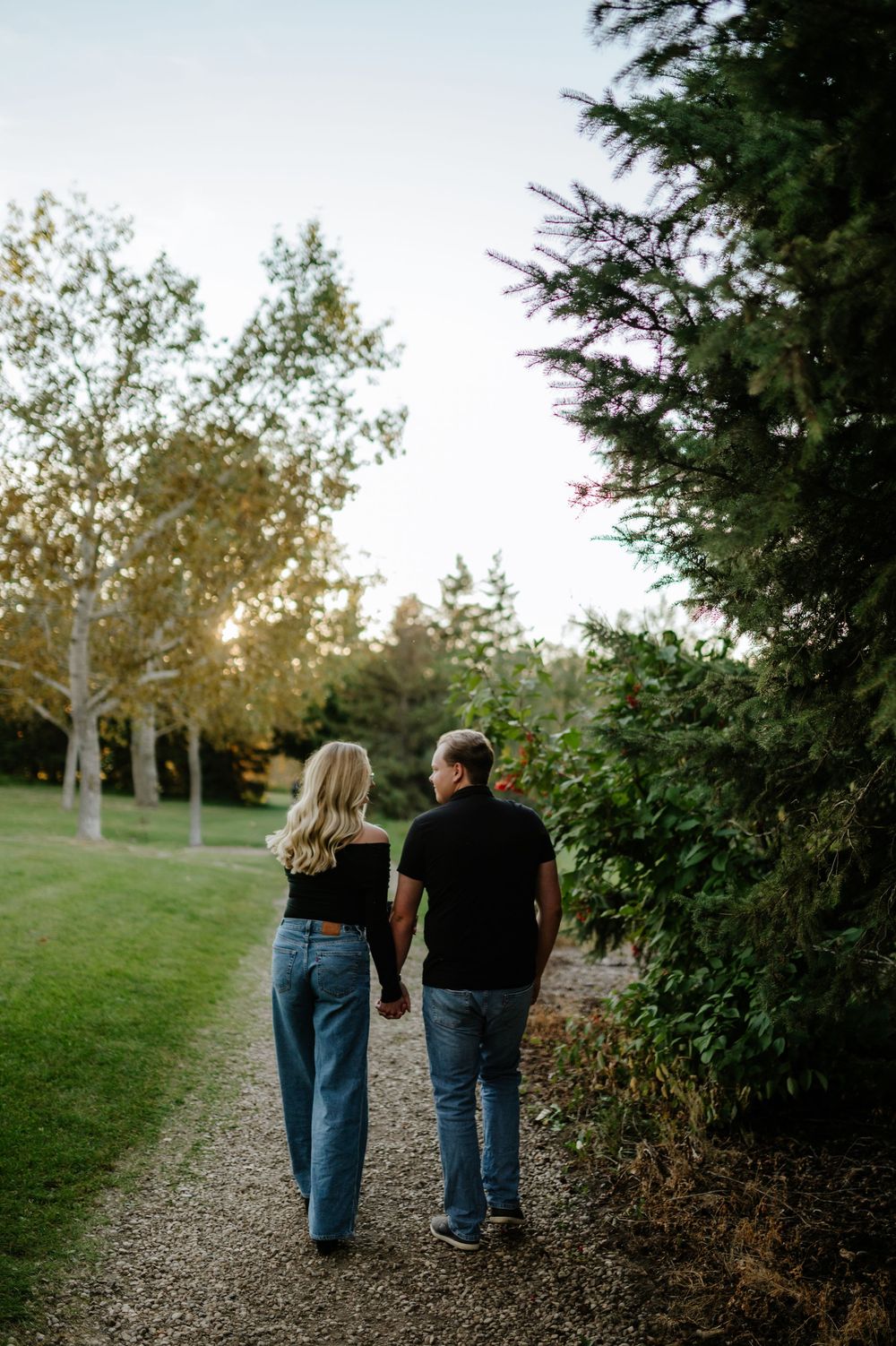 Engaged couple holding hands and walking along a gravel path through a sunlit park with tall trees at golden hour.