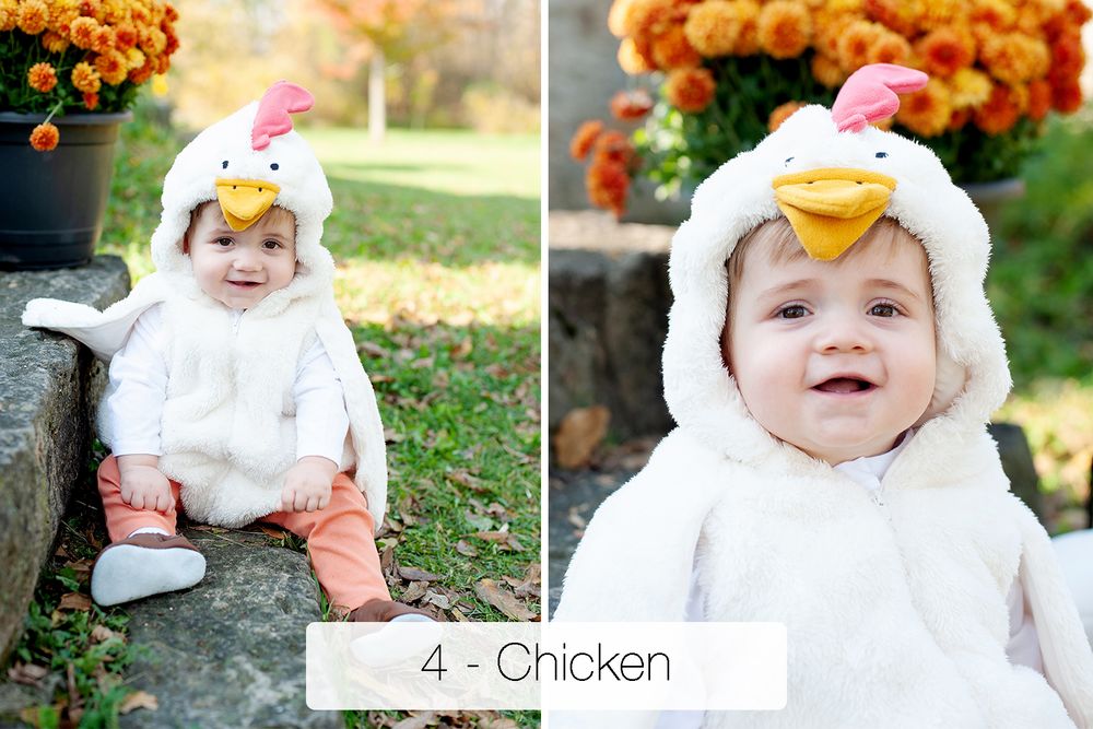 Smiling baby in a white chicken Halloween costume with yellow beak and pink comb sits beside orange mums, labeled number 4 Chicken.