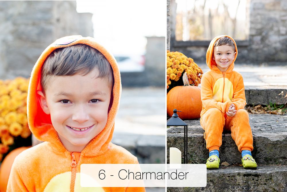 Smiling child in an orange Charmander hooded costume sits on stone steps beside pumpkins and mums in a two-photo Halloween collage.