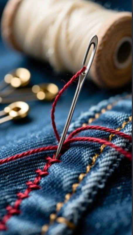 Close-up of a needle with red thread stitching blue denim fabric, with a spool of thread and gold scissors nearby.
