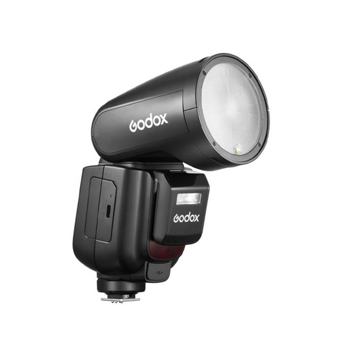 Godox V1Pro round head camera flash speedlite with hot shoe mount on white background.