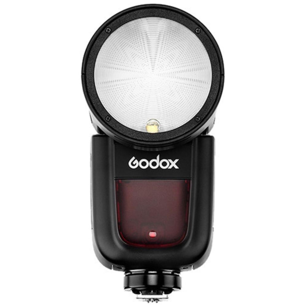 Godox V1 round head camera flash speedlite with TTL support and hot shoe mount on white background.