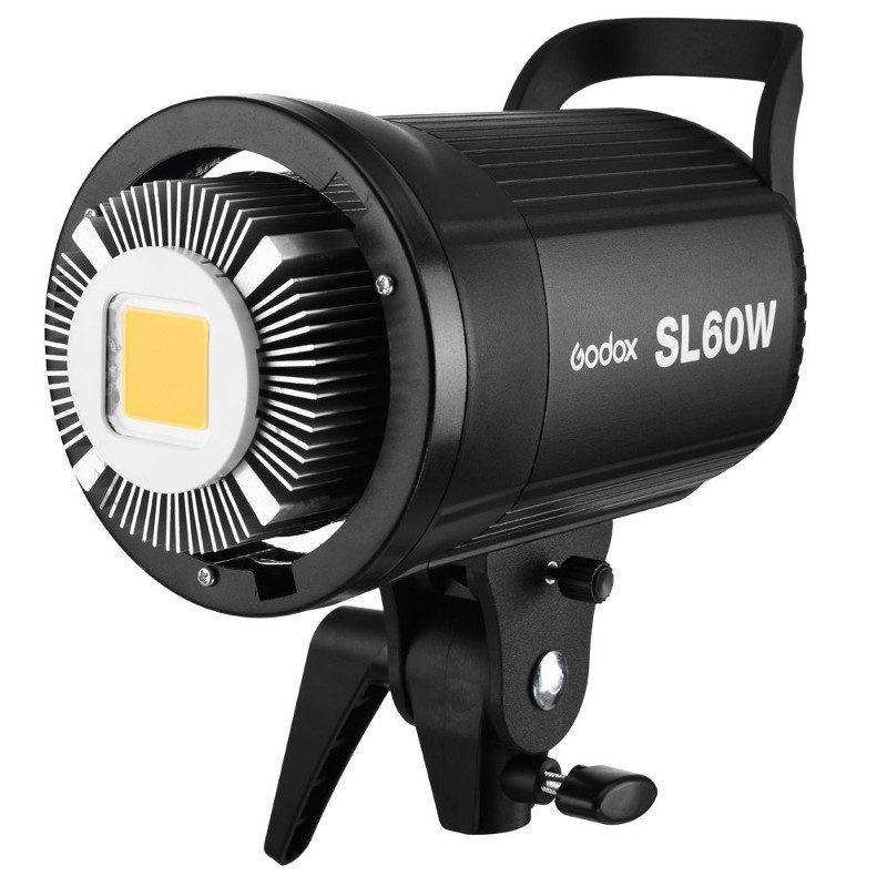 Godox SL60W LED video light with COB technology, black aluminum housing, and adjustable mount for studio photography.