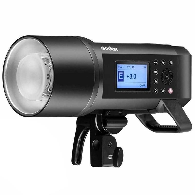 Godox AD400Pro outdoor flash strobe with LCD display showing E+3.0, featuring a round head and battery-powered design.