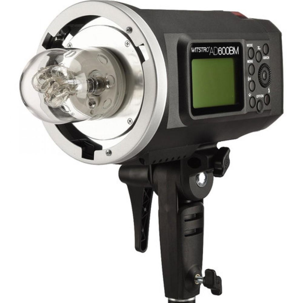 Godox AD600BM professional outdoor flash strobe light with LCD display and bare bulb design on white background.