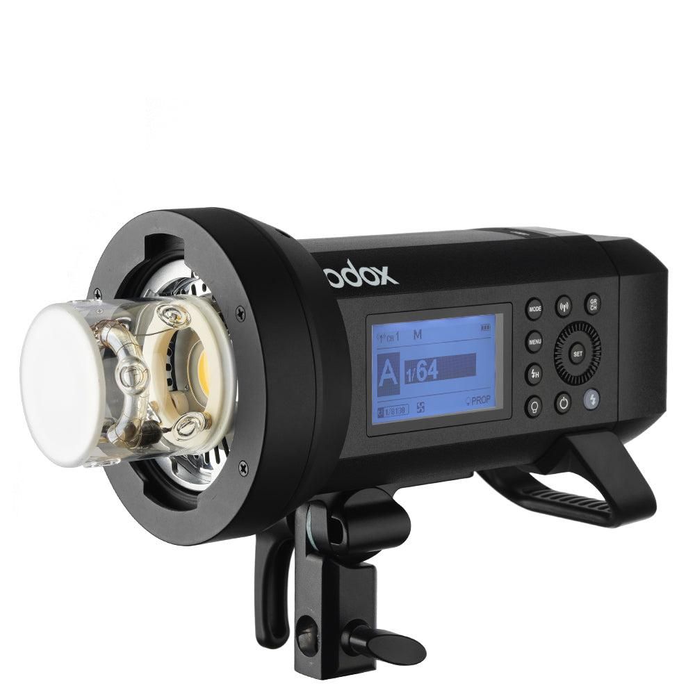 Godox AD400Pro outdoor flash strobe with Bowens mount, LCD display, and built-in LED modeling lamp.