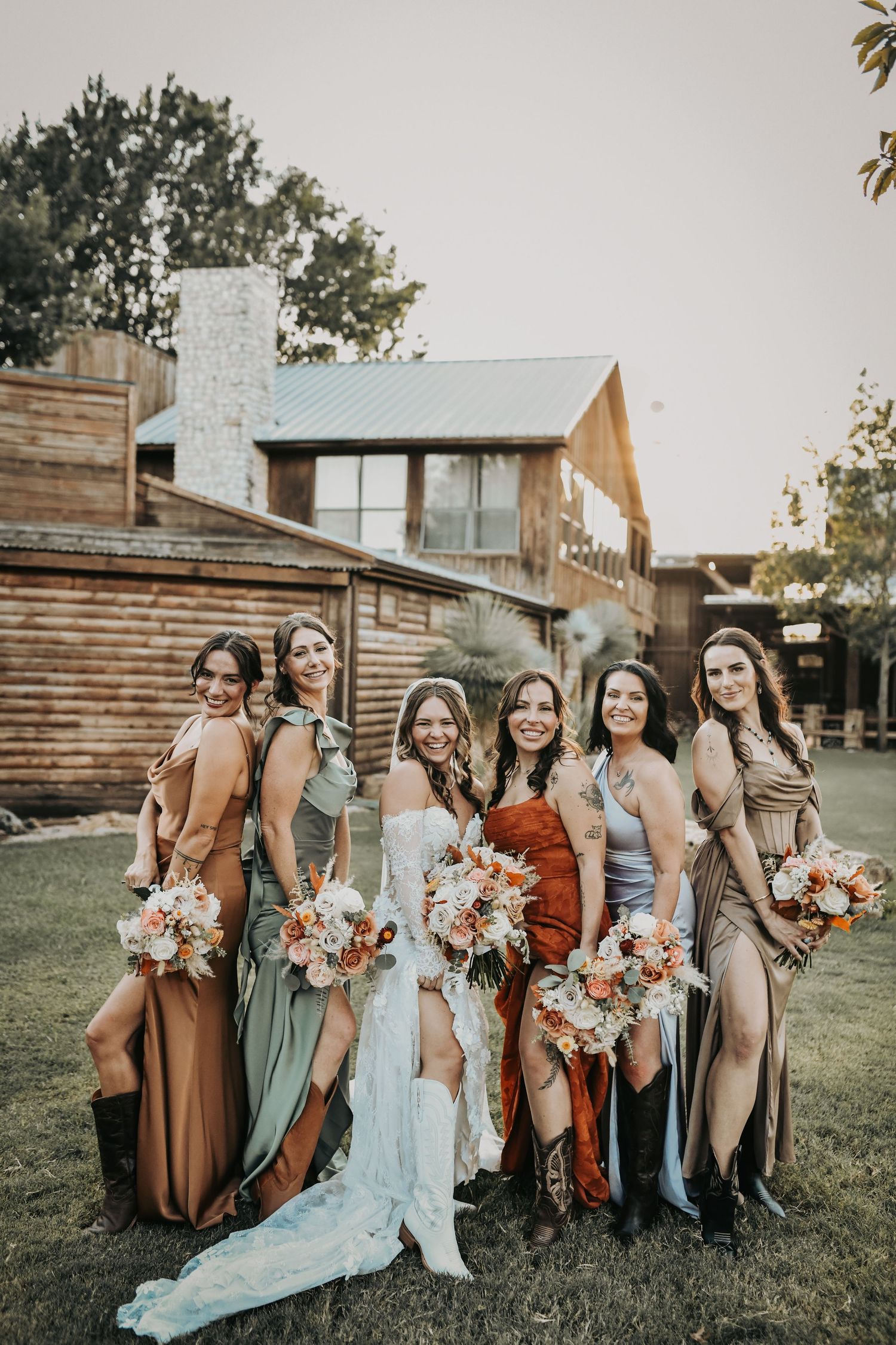 Texas ranch bridal party surrounded by warm golden hour light