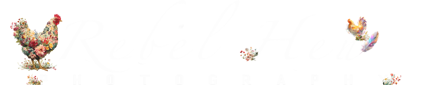 A decorative floral chicken illustration made of colorful flowers sits on a white background beside smaller flower and bird accents.