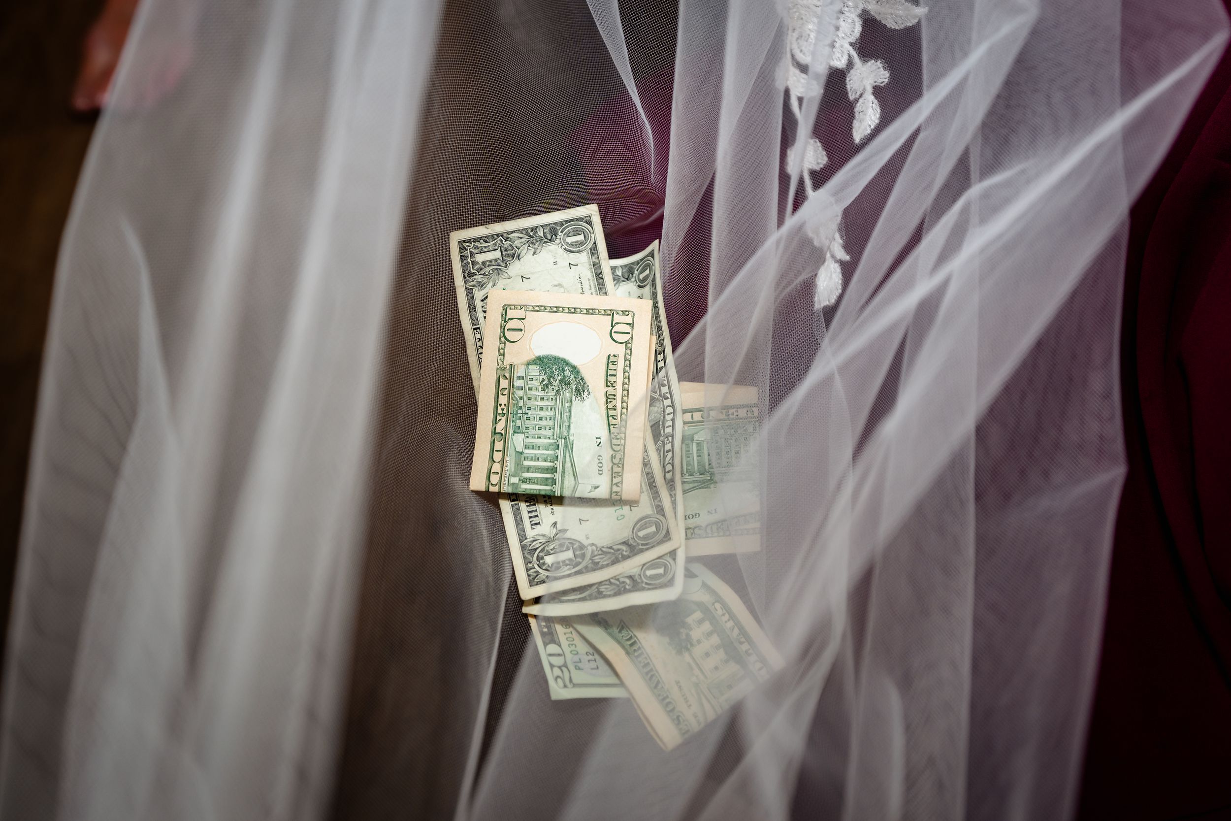 Bride holding dollar bills wrapped in a white wedding veil, a common wedding money dance tradition.