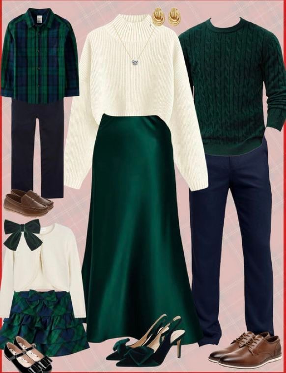Family holiday outfit ideas featuring green and navy coordinated looks with plaid, cable knit, and satin pieces.