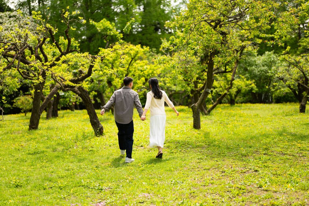 Couple holding hands walking away through a sunlit green park with gnarled trees, the woman in a white dress and the man in a gray shirt.