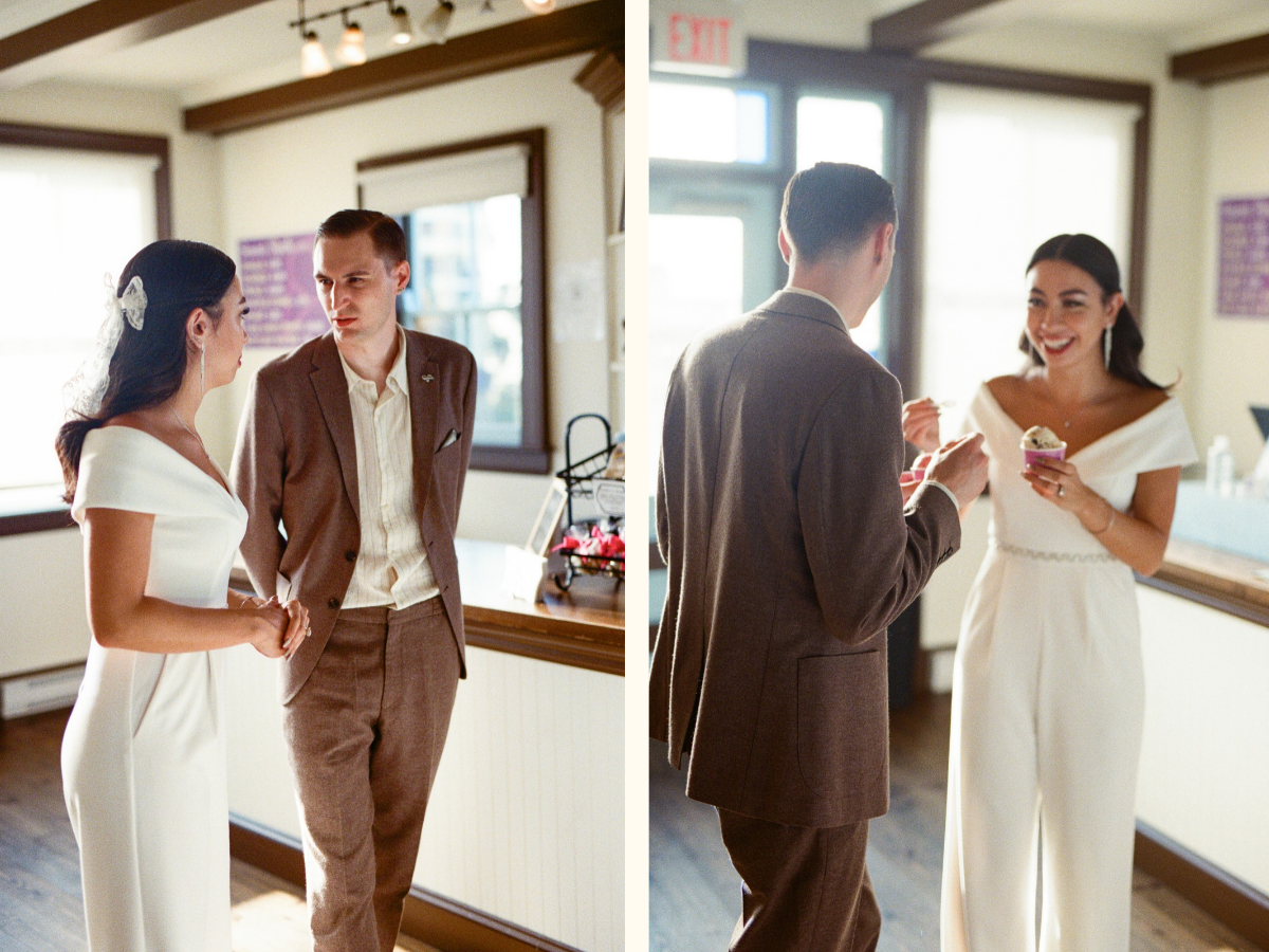 35 mm film photo of bride and groom tasting ice cream in a gelato shop
