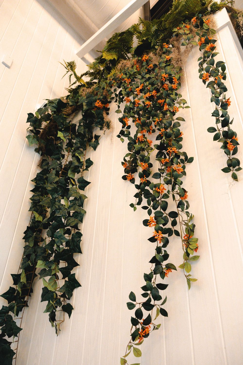 Trailing green vines with small orange flowers cascade down a white wood-paneled wall, adding a lush botanical accent to the room.