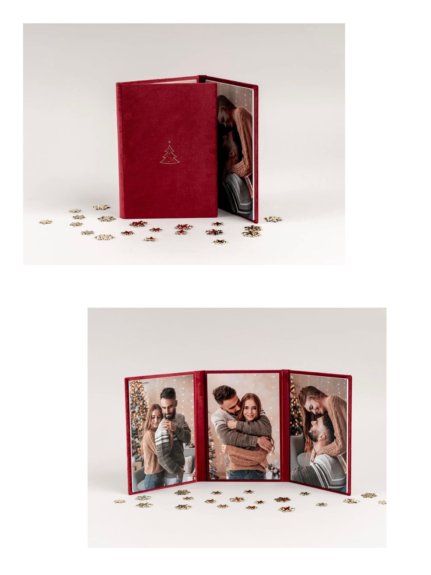Red velvet tri-fold photo album with a gold Christmas tree emblem, open to show couple portraits beside scattered festive gold confetti.