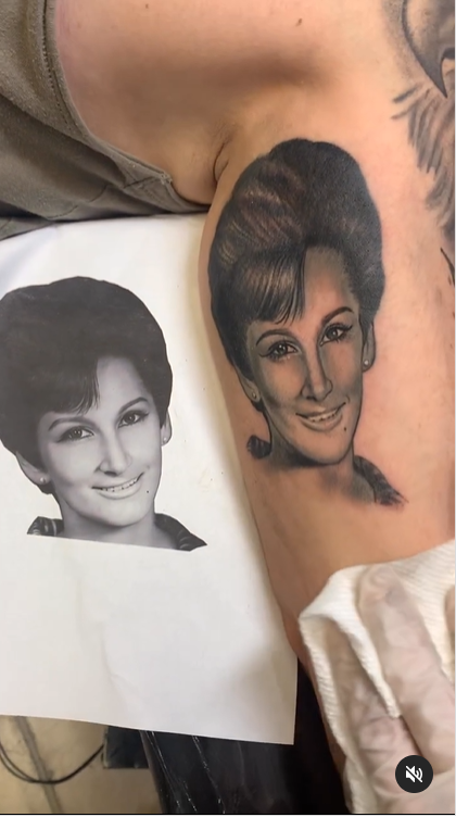 Tattoo of a restored 1970 family photo on a client's arm — photo restoration by Odette Photo+Art Miami