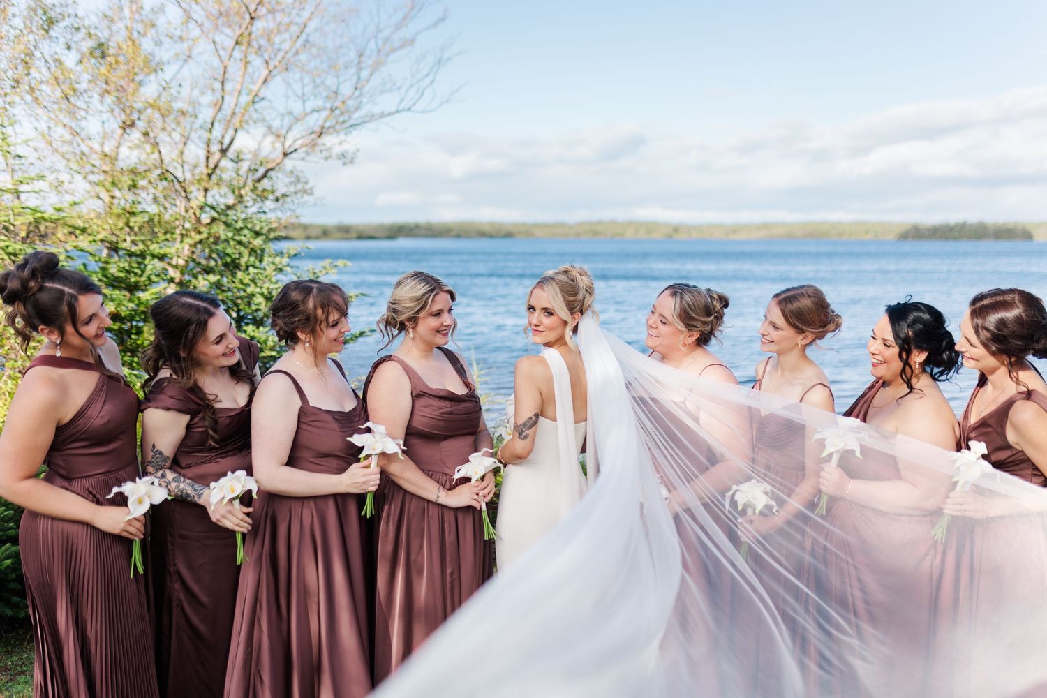 Bride in white gown with flowing veil stands with bridesmaids in mauve dresses by a lakeside on a sunny day.
