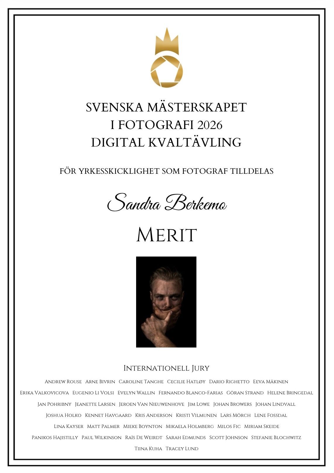 Award certificate for Sandra Berkemo receiving Merit at Svenska Mästerskapet i Fotografi 2026 Digital Kvaltävling.