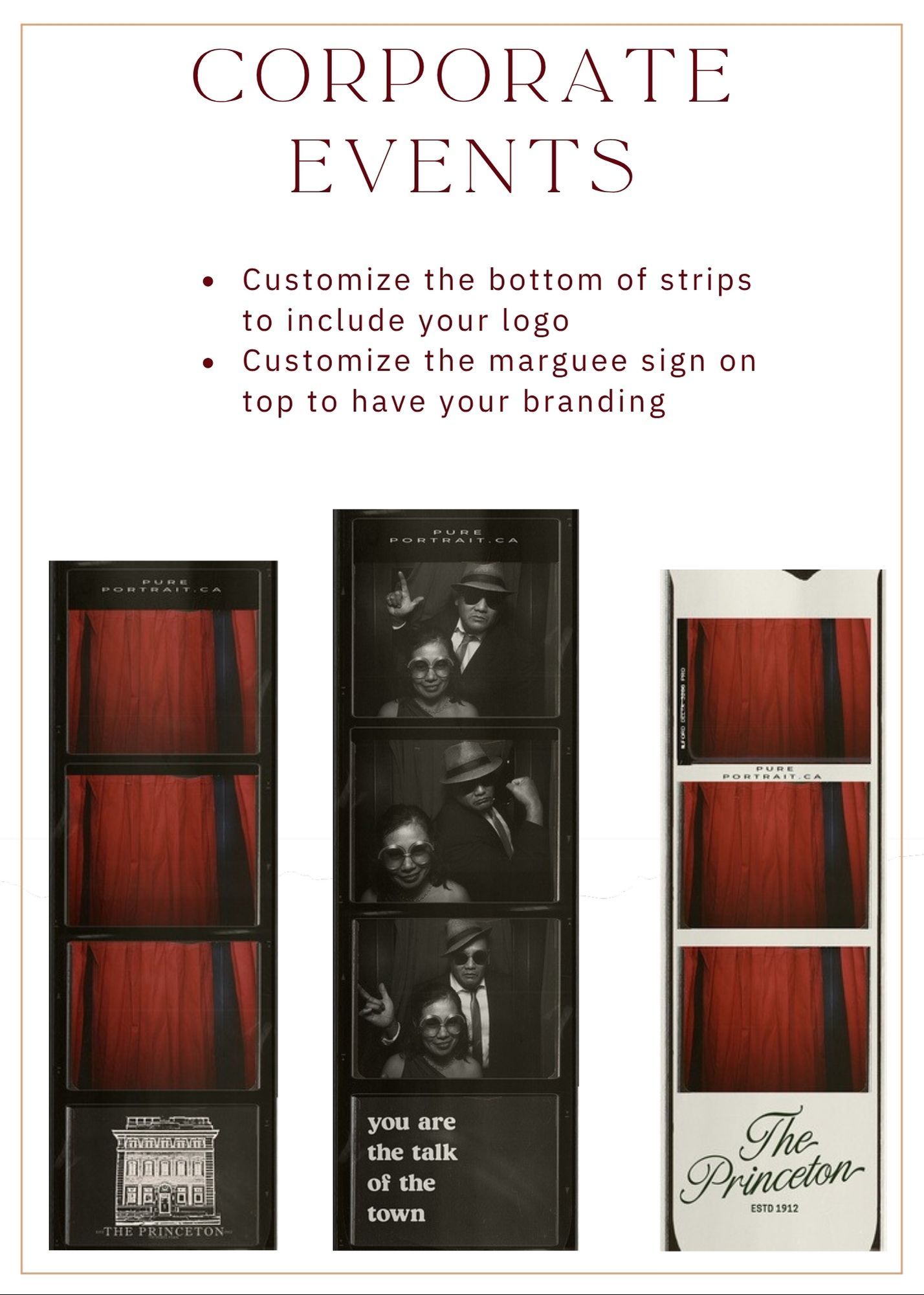 Corporate event photo booth strips showcasing customizable logo branding and creative designs for professional gatherings.