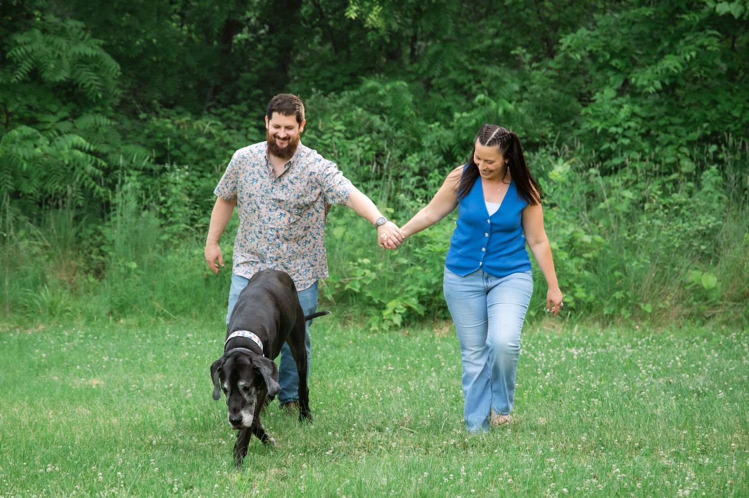 Couple holding hands walking with a large black dog in a lush green meadow surrounded by trees.