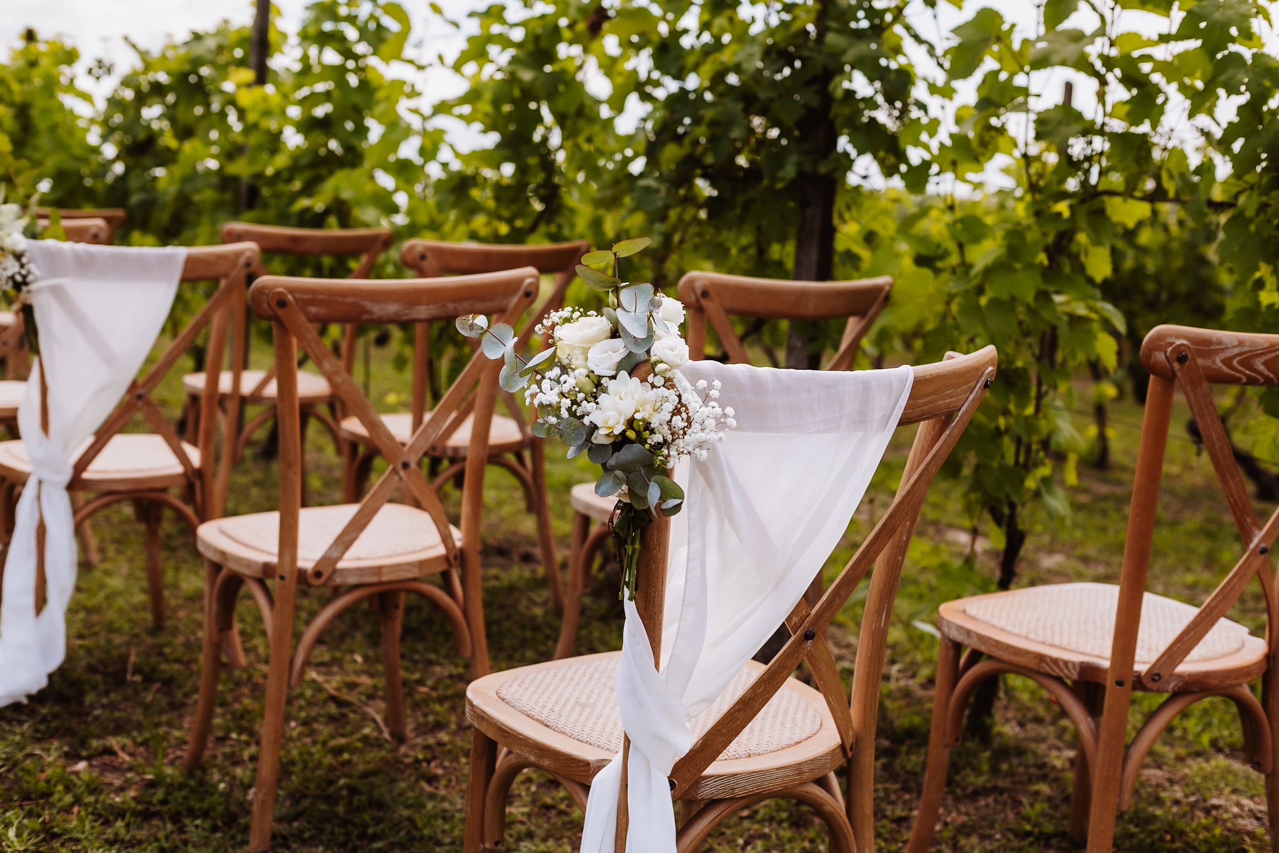 Elegant wooden cross-back chairs with white fabric and floral decor set for an outdoor vineyard wedding ceremony.