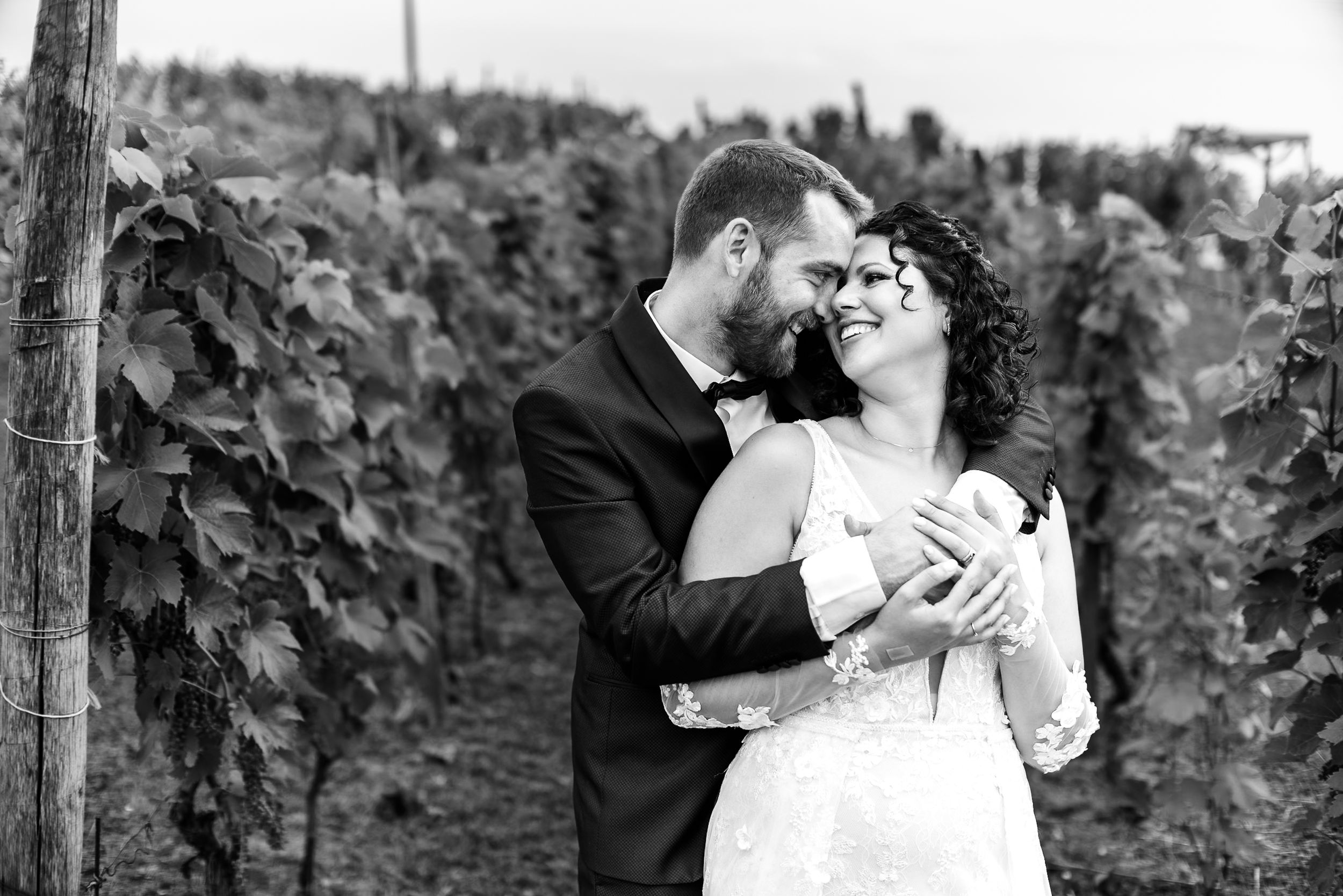 Black and white photo of a bride and groom embracing romantically in a lush vineyard on their wedding day.