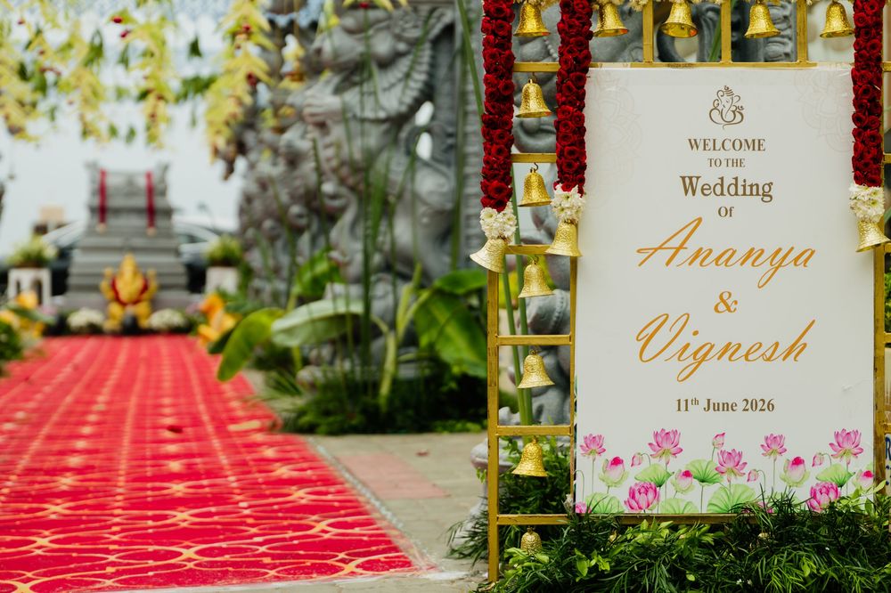 Welcome sign for Ananya and Vignesh wedding on 11th June 2026 at decorated venue entrance.
