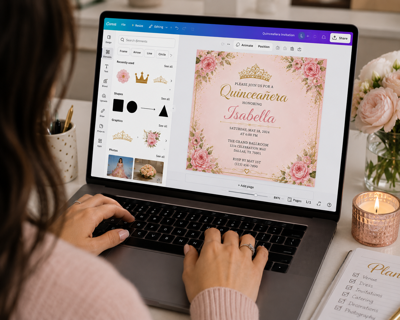 Laptop using free quince planning tools and AI quince planner beside digital quince invitations and quince budget planner resources