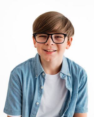 Smiling preteen boy with glasses wearing blue button-up shirt on white background.