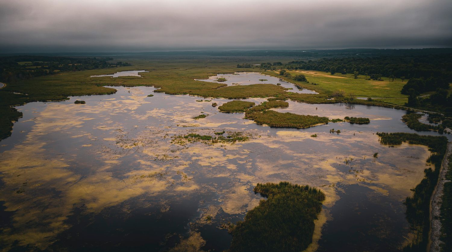 Aerial view of a vast wetland landscape with scattered islands, lush greenery, and reflective water under a cloudy sky.