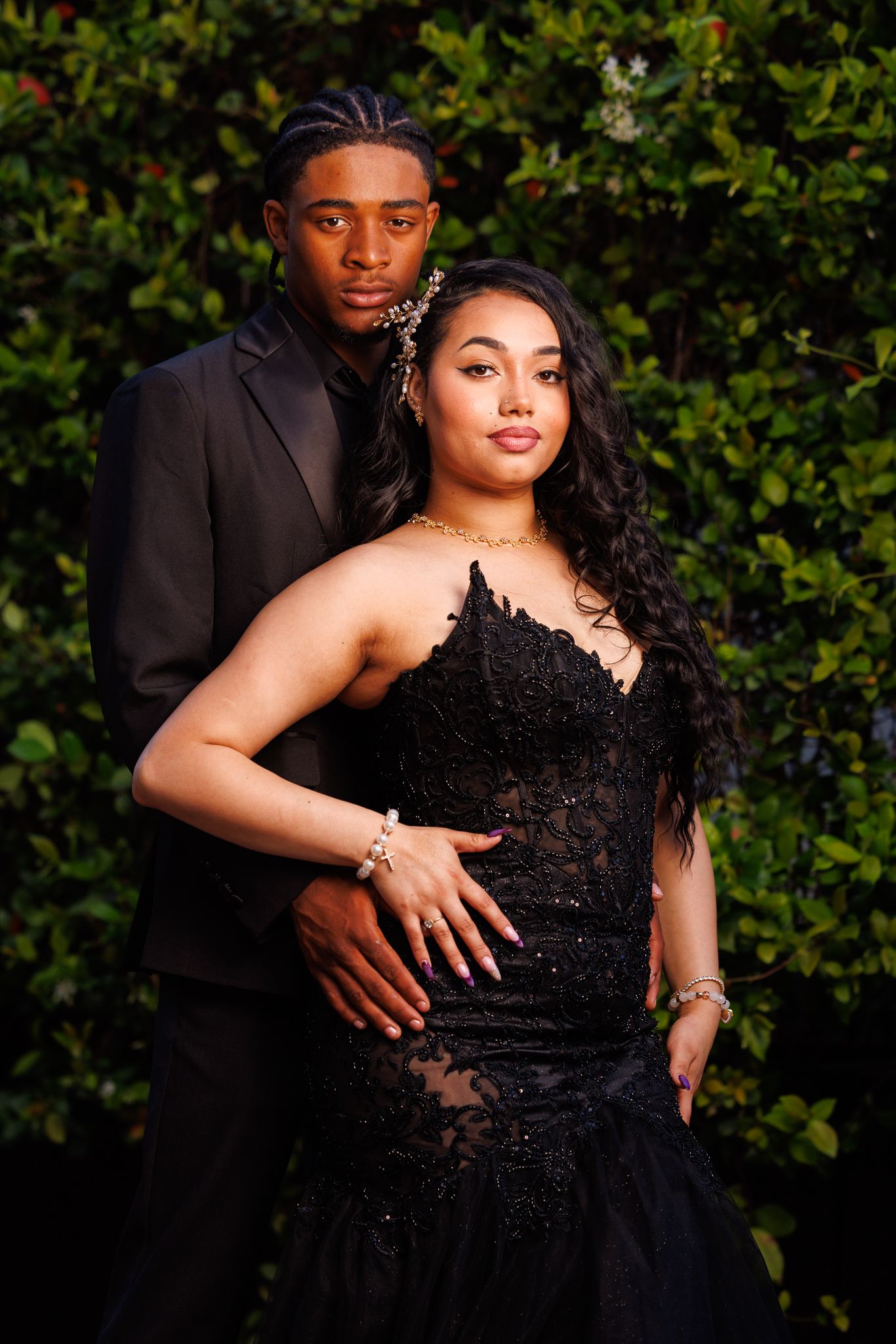 Couples portrait featuring elegant styling and professional beauty makeup for a romantic photoshoot.