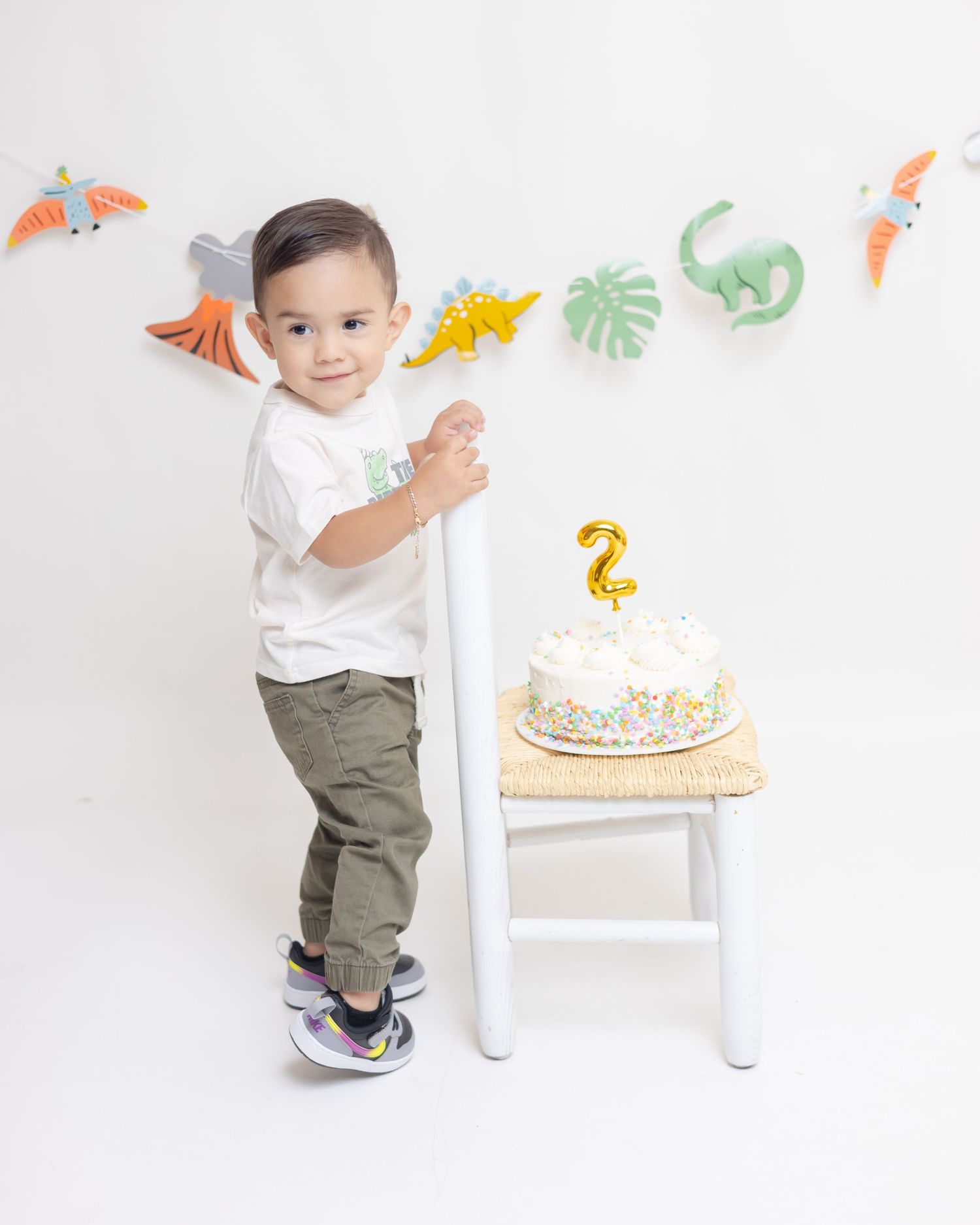Toddler boy in white shirt and green pants stands beside a dinosaur-themed 2nd birthday cake on a white stool.