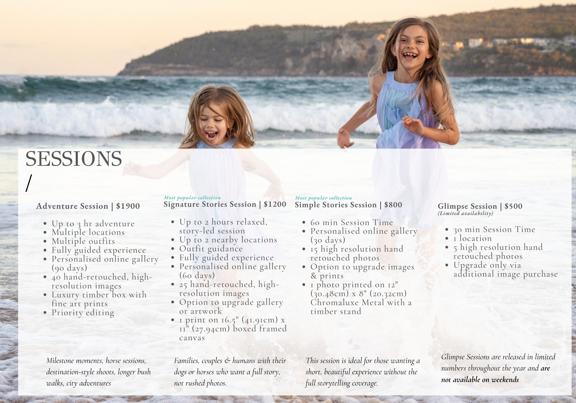 Photography packages and session pricing menu with bridge backdrop.