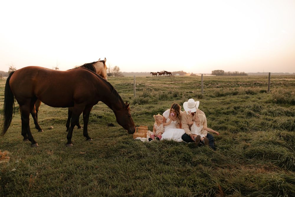 Family sitting on grass near a brown horse at sunset on a farm, woman in white dress and cowboy hat.