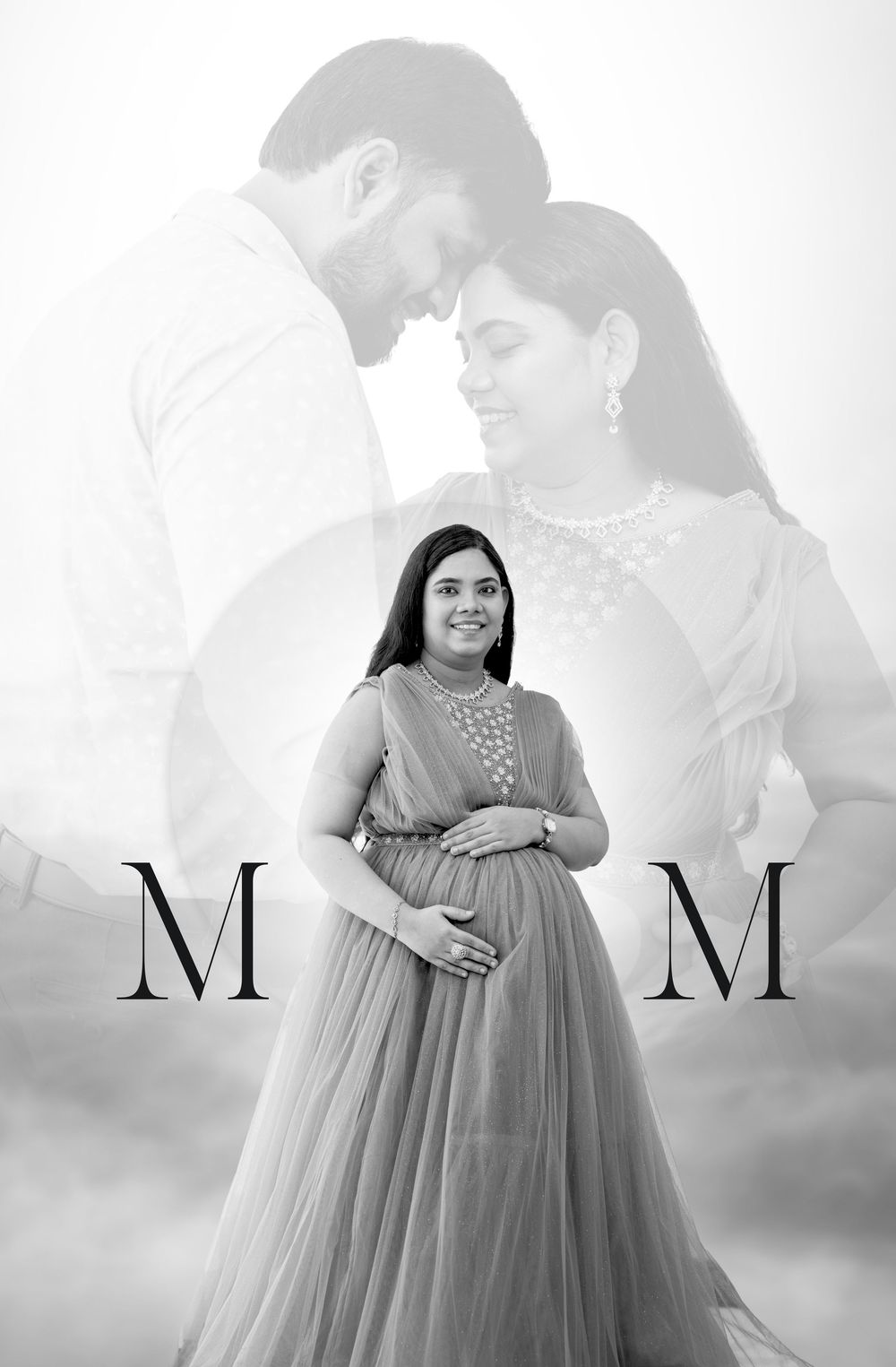 Black and white maternity photo of pregnant woman in gown with couple silhouette and MM monogram backdrop.