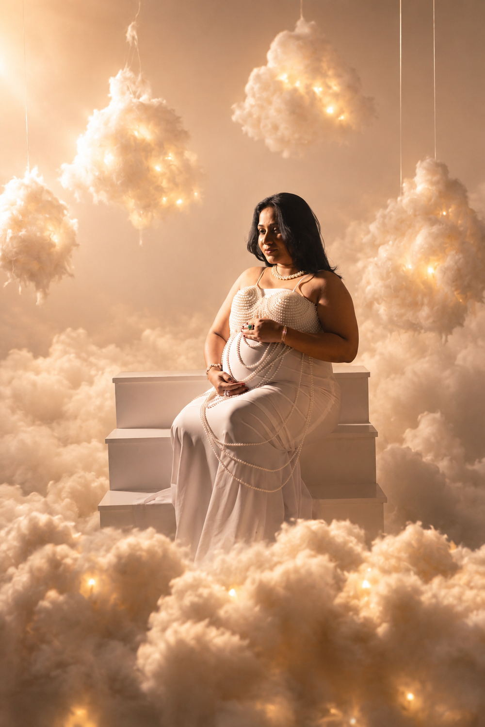 Pregnant woman in white gown sits among glowing clouds with fairy lights in a dreamy maternity photo session.
