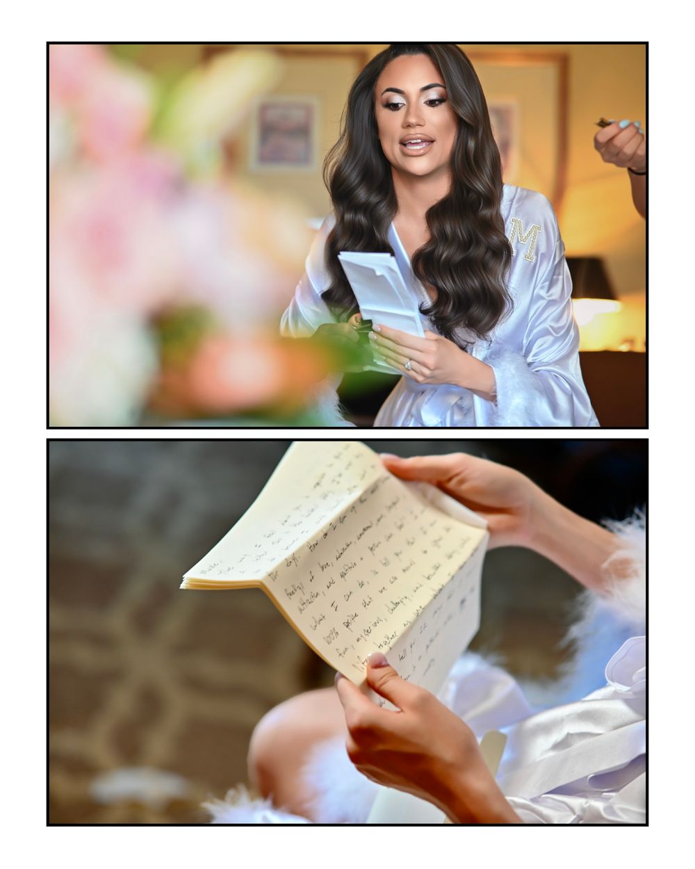 Bride in silk robe reading a heartfelt letter while getting ready on her wedding day.