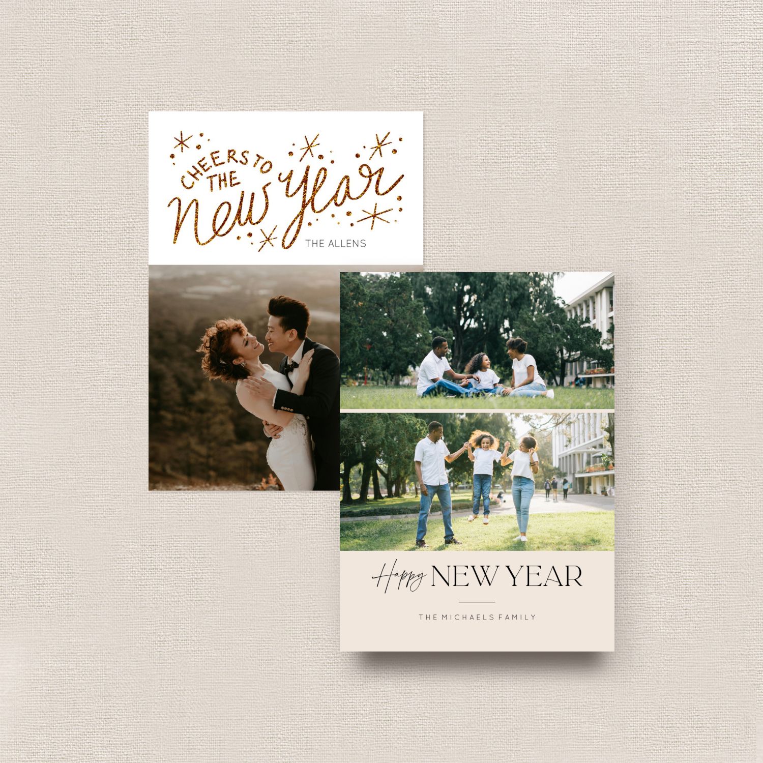 Two elegant New Year greeting card designs featuring couple and family photos with festive gold typography.