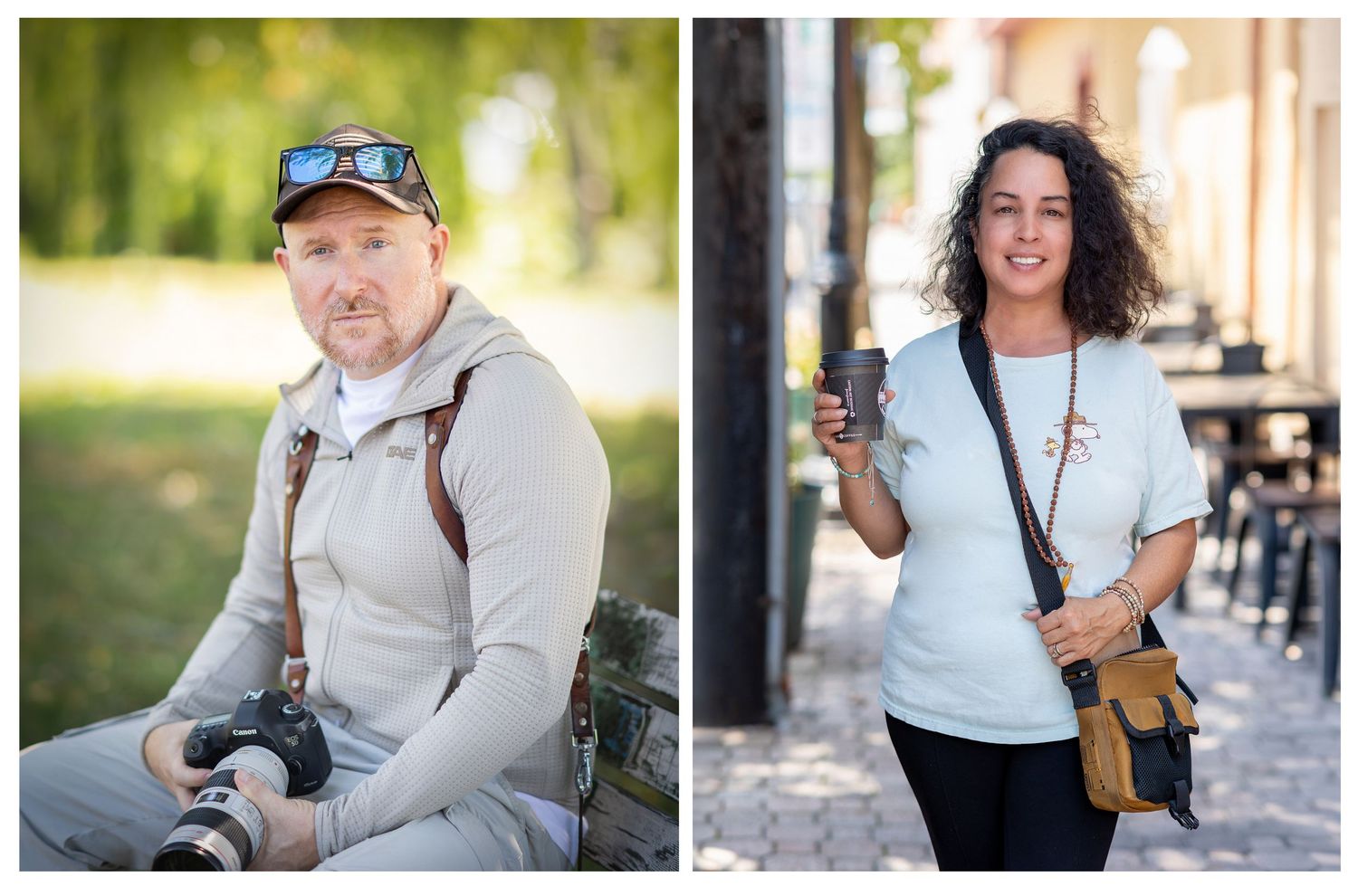 A male photographer with a camera and a woman holding a phone, both wearing crossbody bags outdoors.