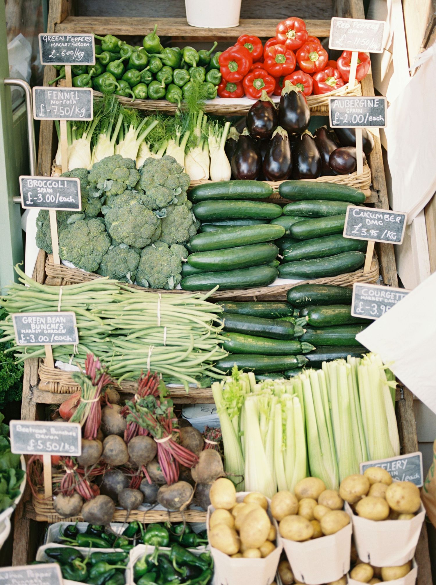 Fresh vegetables displayed at a farmers market stand, including broccoli, cucumbers, peppers, eggplant, celery, and potatoes.