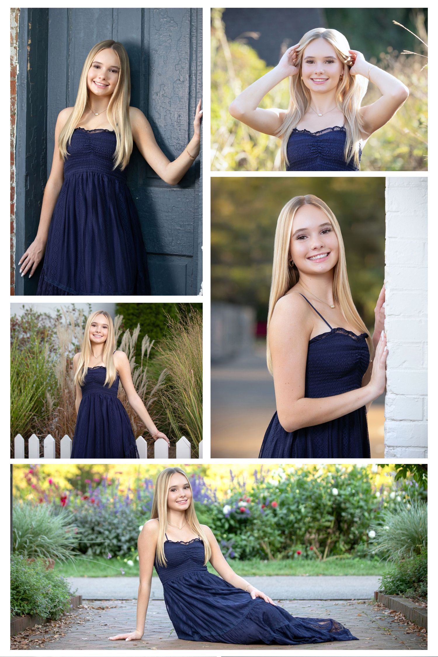 Olentangy Orange senior photos at Inniswoods featuring a navy dress, garden paths, flowers, and classic outdoor portraits.