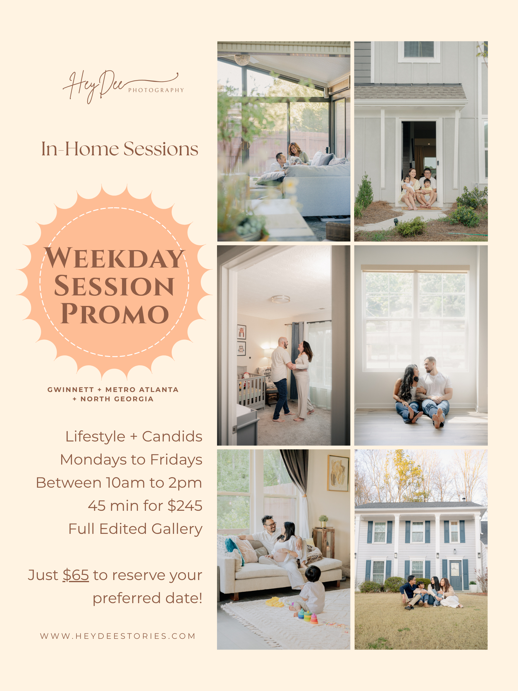 HeyDee Photography weekday in-home session promo flyer for Gwinnett and Metro Atlanta families, $245 for 45 minutes.
