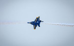 Two Blue Angels jets flying in close formation, leaving white smoke trails against a pale gray sky.