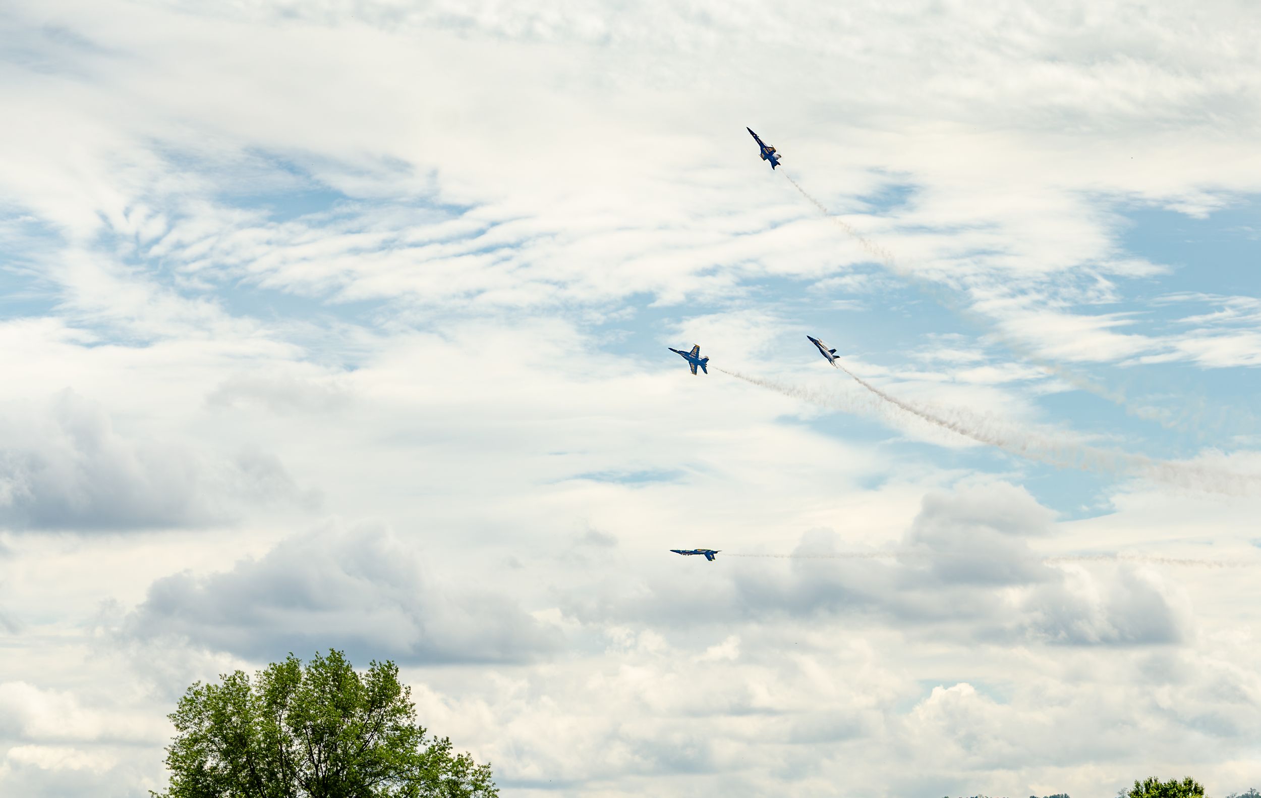 Four military jets performing an aerial display against a cloudy blue sky, with a green tree visible below.