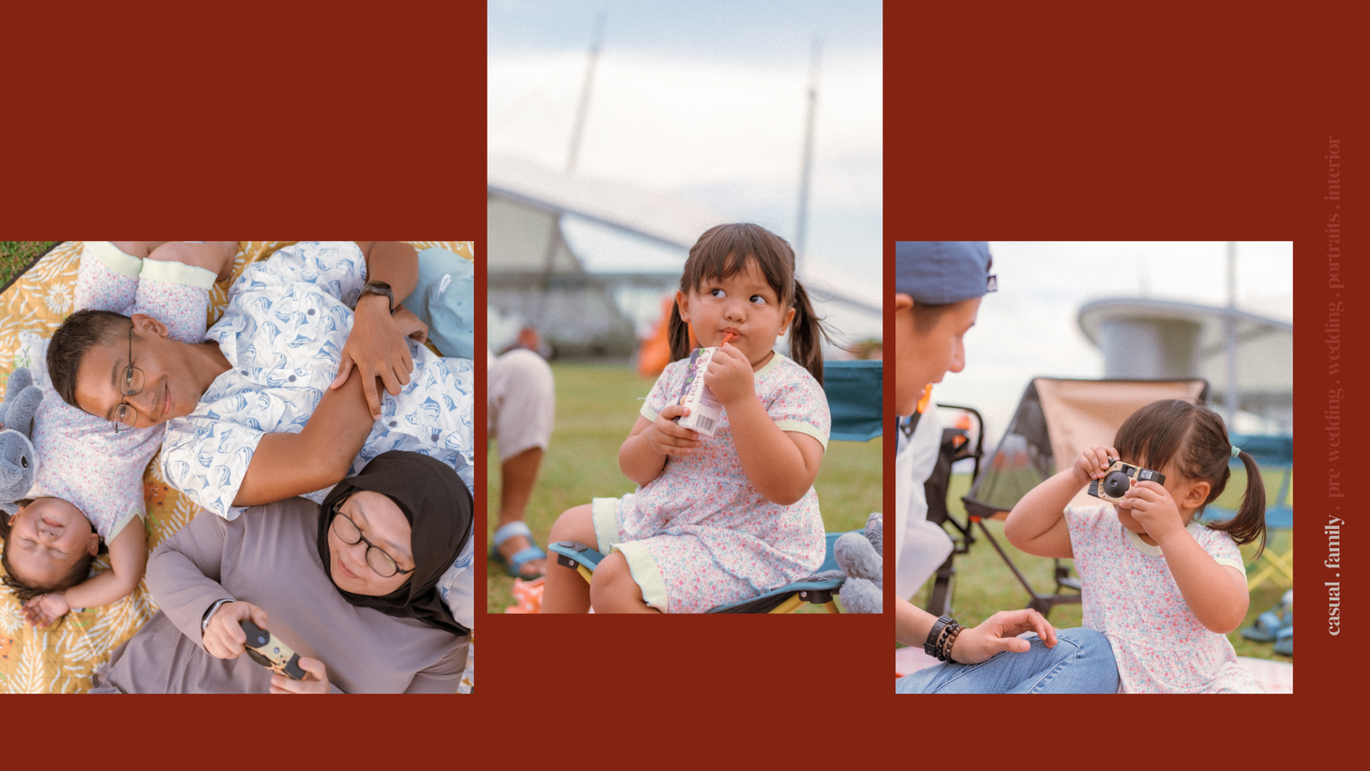Three panel collage capturing playful family moments against a warm red background.