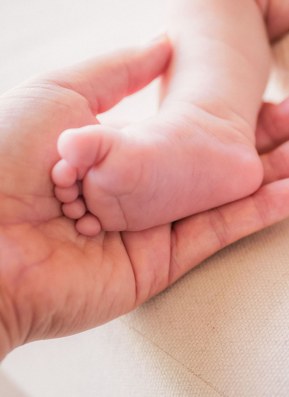 Adult hands gently cradling a tiny newborn baby's foot in their palm.