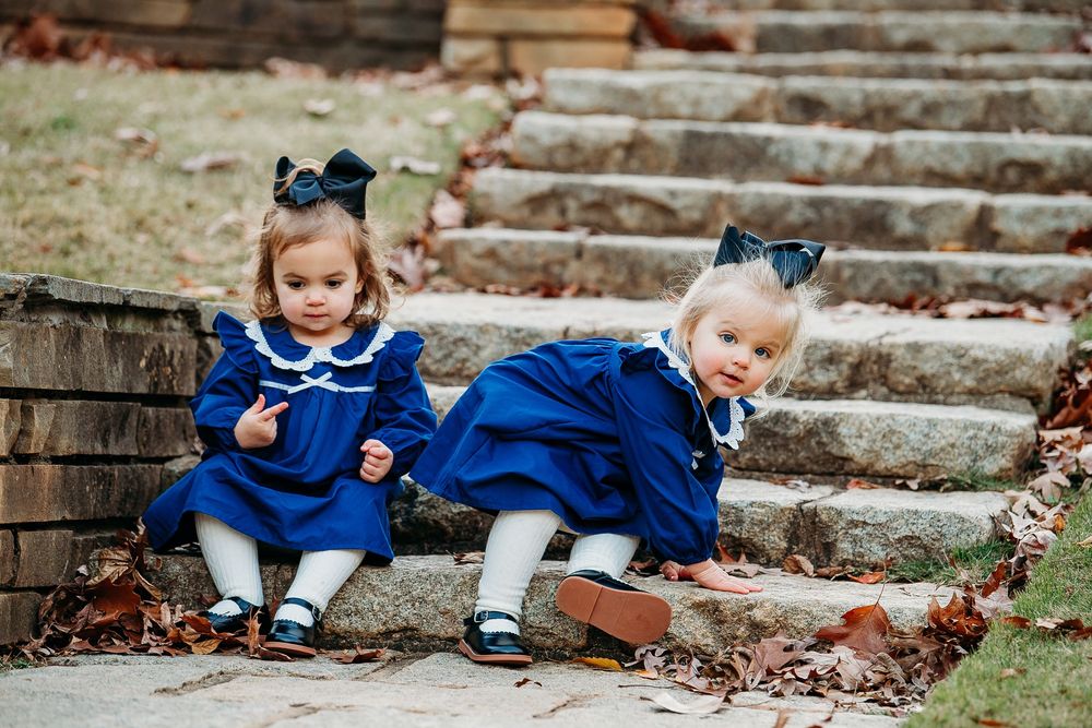 Two toddler girls in matching navy blue dresses sitting on stone steps covered in fall leaves.