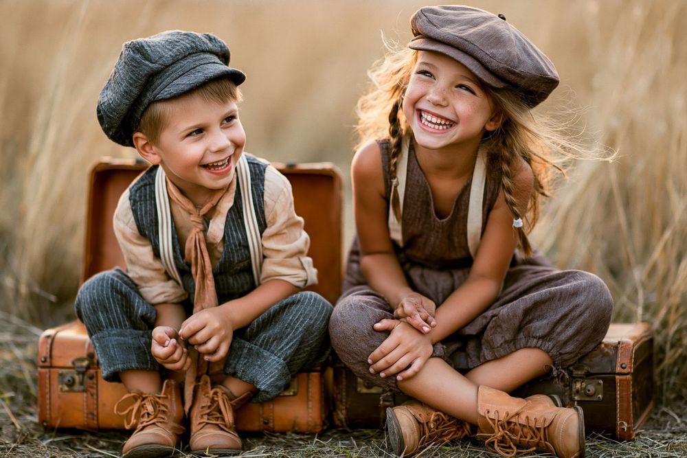 Two cheerful children in vintage newsboy caps sit on antique suitcases in a golden field, laughing joyfully.